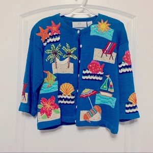 Beach theme cardigan sweater. 3/4 slv. Accent sequins, beads, fringe. Good cond.